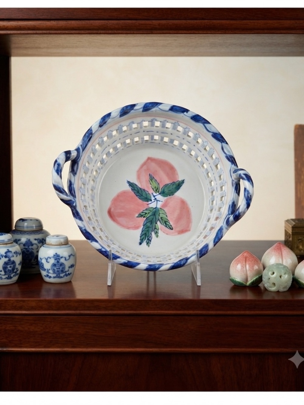 Vintage Chinese Hand Painted Art Pottery Fruit Pattern Ceramic Basket Bowl